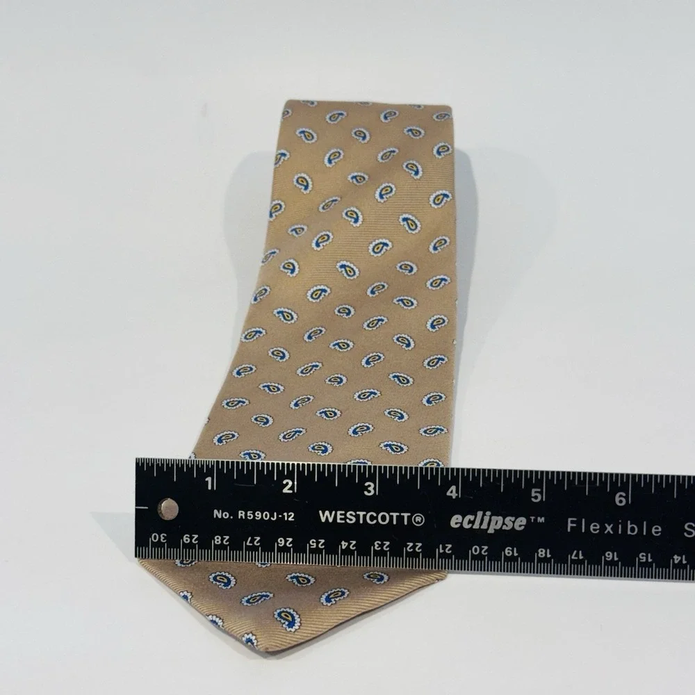 Brooks Brothers 346 Pure Silk‎ Tie Made in USA Gold w Blue White Micro Paisley